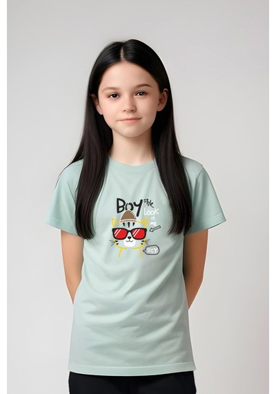 Fyk Kids Kız Çocuk Yuvarlak Yaka Baskılı Boy Cat Alt-üst Pijama Takımı Mint Yeşil Mint Yeşili