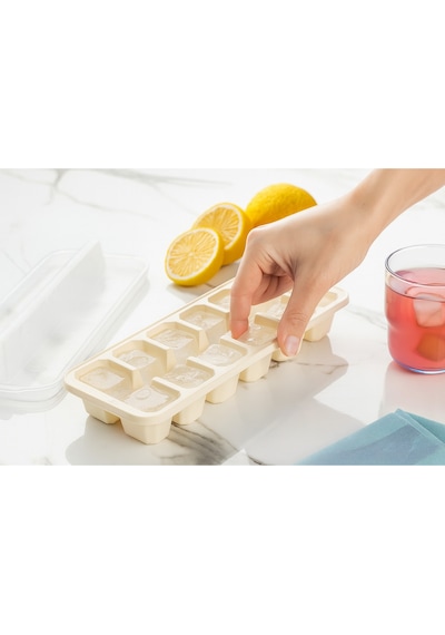 Kapaklı Büyük Boy Buz Kalıbı 12 Gözlü Buzluk Ekru Plastik Ekru Diğer