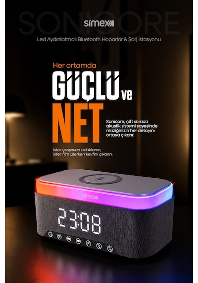 15w Kablosuz Şarj Standlı Bluetooth Hoparlör Yüksek Sesli Tws Ledli Speaker Taşınabilir Dijital Saat