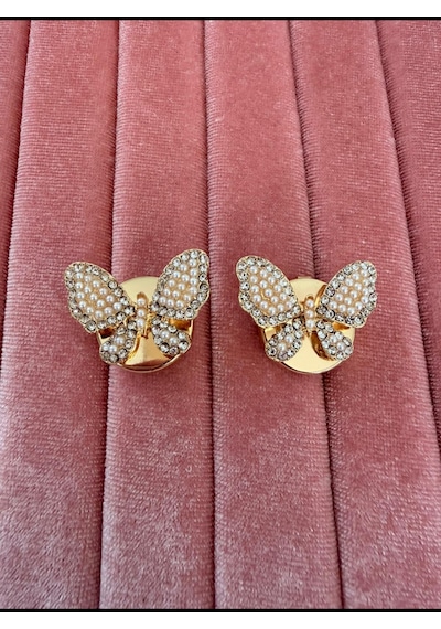 Kelebek Desen Taşlı Düğme Broş 2 Adet Gold