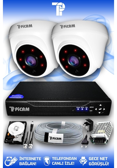 Picam 2 Kameralı Dome 2 İç Kamera Set 250 GB HDD Full HD Gece Görüşlü Güvenlik Kamerası Sistemi