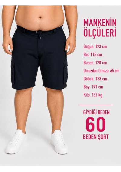 Büyük Beden Beli Yandan Lastikli Bağcıklı Fermuarlı Kargo Cepli Erkek Şort Siyah