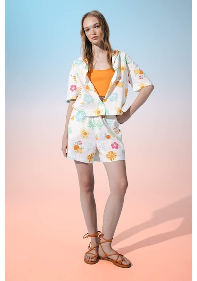 DeFacto Coool Oversize Geniş Kalıp Desenli Pijama Yaka Kısa Kollu Gömlek D5117AX24HSWT34