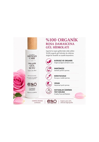 Artizan Care Organik Gül Suyu 100 Ml Cosmos Sertifikalı %100 Saf Gül Suyu Sprey Cam Şişe Tüm Cilt Tipleri