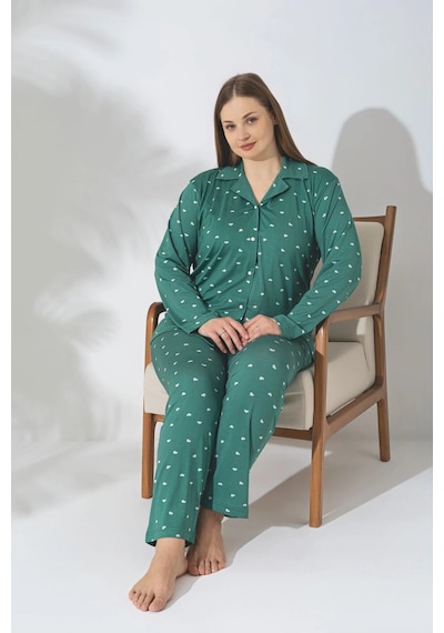 Pijamerry Büyük Beden Uzun Kol Milan Kumaş Pijama Takımı Yeşil