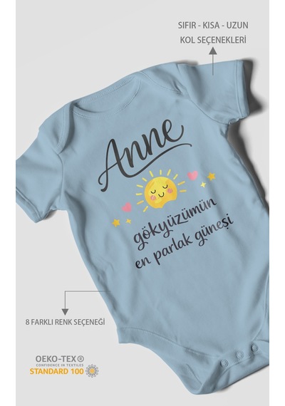 Morivokids Anne, Gökyüzümün En Parlak Güneşi Kısa Kollu Bebek Body Bebe Mavisi