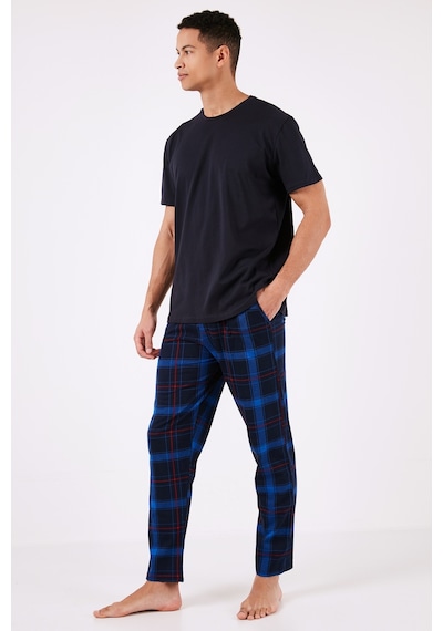 Buratti Ekoseli Pamuklu Regular Fit Kısa Kollu Erkek Pijama Takımı 6572006 Lacivert-Saks