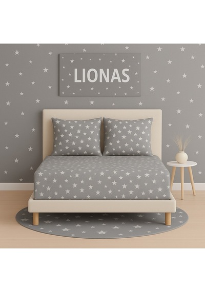 Lionas Desenli 160 X 200 Cm Çift Kişilik Gri Yıldız Lastikli Çarşaf Ve 2 Adet Yastık Kılıfı Gri