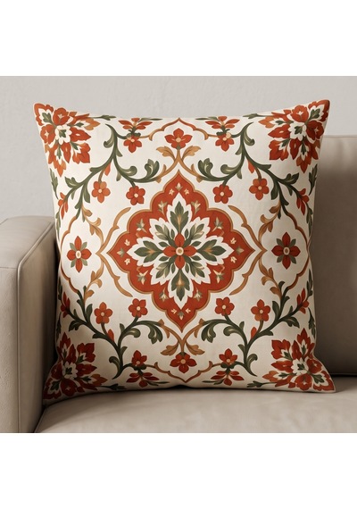 4'lü Kiremit Krem Vintage Çiçek Ve Etnik Desenli Dekoratif Kırlent Kılıfı Seti - Çift Taraflı 43x43 Cm Kiremit Kırmızısı
