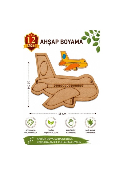 Ahşap Boyama Uçak 12 Adet 10x15cm Araba Boyama Figürü Etkinlik Çoçuk Gelişim Motor Beceri Kreş Anasınıfı