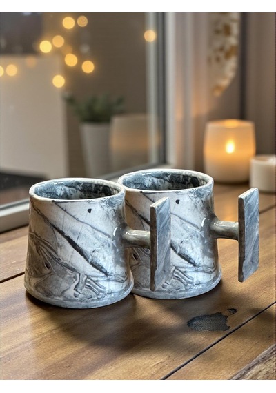2'li Nerikomi El Yapımı Stoneware Fincan Gri - Krem