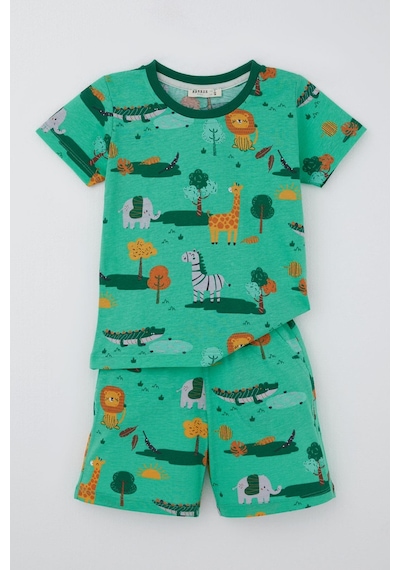 Breeze Erkek Çocuk Şortlu Pijama Takımı Safari Temalı Sevmli Hayvancıklar Desenli 1.5-5 Yaş, Yeşil