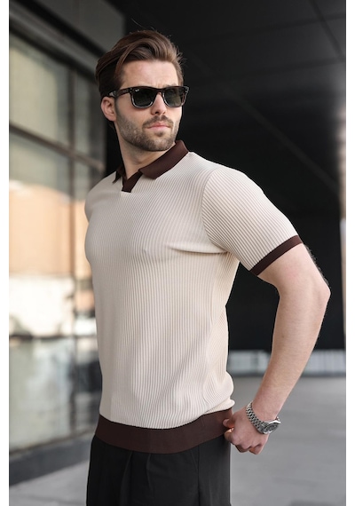 Madmext Taş Rengi Polo Yaka Triko Erkek Tişört E7464 Taş Rengi