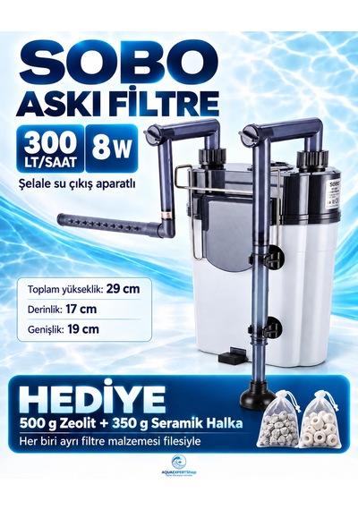 Sobo Akvaryum Askı Filtre - 300 Lt/saat - Seramik Halka + Zeolit Hediyeli - Şelale Filtreli - Aktif Temizlik - Temizlenebilir Sünger