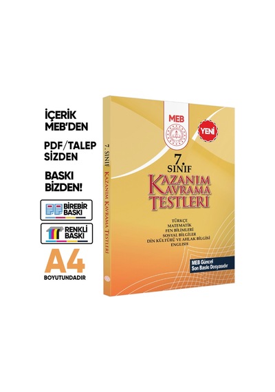 7.Sınıf MEB Tüm Dersler Kazanım Kavrama Testleri KKT Yaprak Test Kitabı BASKI ÜCRETİ