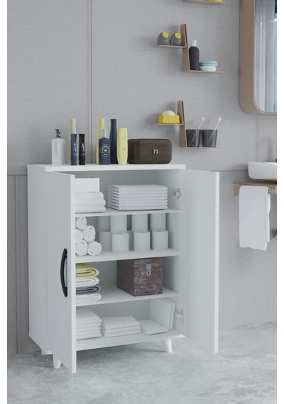 Güney 4 Raflı 2 Kapaklı Banyo Dolabı Havlu Dolabı Beyaz Beyaz