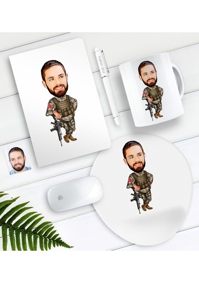 Kişiye Özel Asker Karikatürlü Defter Kalem Kupa Mouse Pad Seti-2