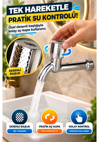 Desenli Krom Uzun Musluk Aç Kapa Başlıklı Bahçe Wc Lavabo Balkon Teras Duvar Tipi Su Musluğu