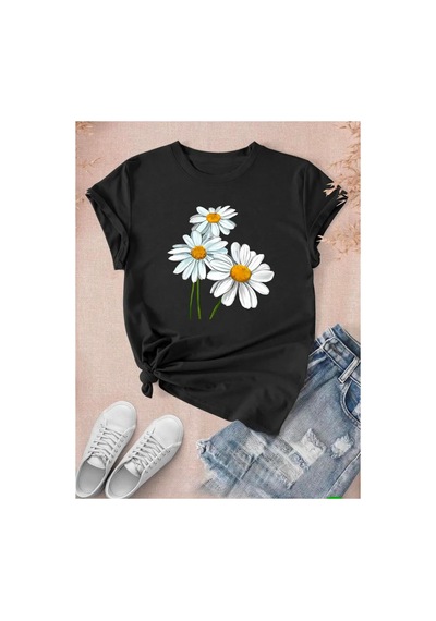 Medinenur Papatya Baskılı Basic T-shirt Siyah