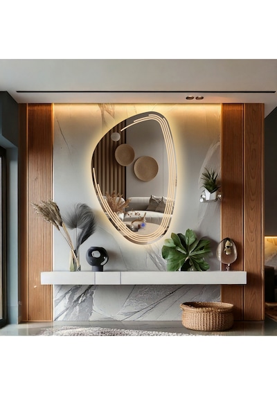 Fractura Asimetrik Led'li Kumlamalı Lavabo & Banyo Aynası Dokunmatik Sensörlü 100 X 65 Cm Günışığı