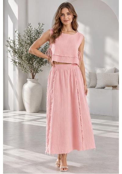 Mevese Beli Lastikli Ve Yan Bağlamalı Müslin Etek-crop Takım - Şeker Pembe