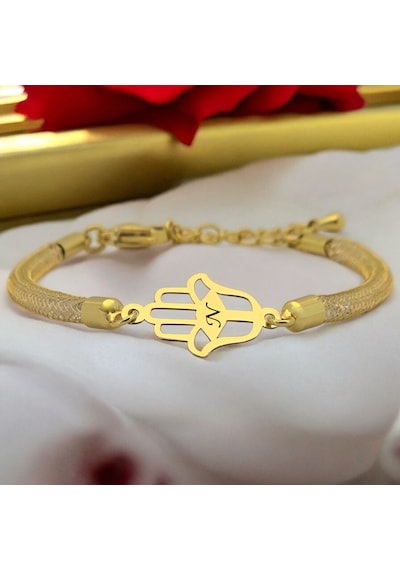 N Harfine Özel Hamsa Motifli 14 Ayar Altın Plakalı Hasır Kordonlu Hediye Bileklik-499harf N