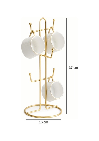Metal Kupa Askılığı 6 Lı Gold Fincan Standı, Tezgah Üstü Bardak Tutucu Sunumluk Altın