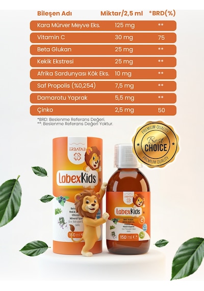 Labex Kids Çinko Kekik Beta Glukan Karamürver Çocuk Multivitamin Şurup 150 ML