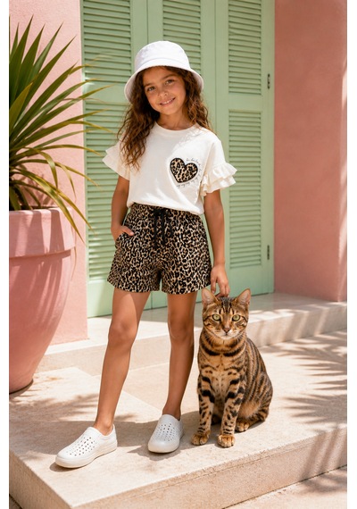 Baby Lory Kids Store Kız Çocuk Leopar Şortlu Takım Beyaz - Leopar