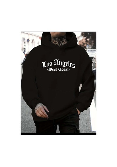 Blackjack Giyim Losangeles Baskılı Kapüşonlu Sweatshirt Siyah