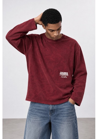 Respire Erkek Always Baskılı Yıkamalı Oversize Long Sleeve Bordo