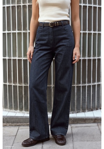 Sateen Kemerli Denim Görünümlü Pantolon - Lacivert-137941