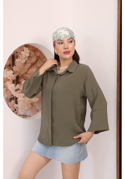 Kadın Slim Fit Dar Kesim Vücuda Oturan Uzun Kollu Haki Gömlek