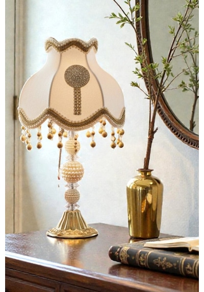 Vintage Ekru Kadife Kumaş Gold Ayak Swarovski Süsleme Broş Abajur Ab0001 50x30cm Ekru