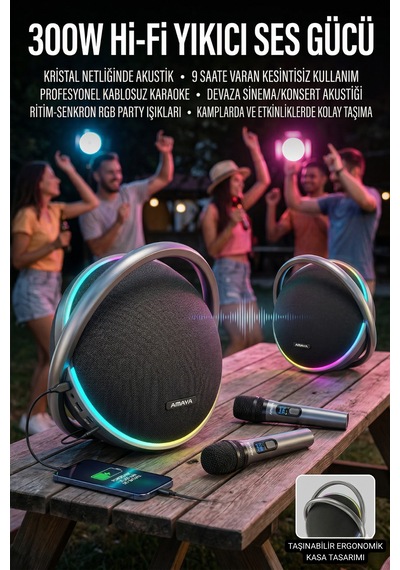 Amaya Asp-hk9 300w Super Bass Bluetooth Parti Hoparlörü Çift Mikrofonlu Karaoke Ses Sistemi Tws