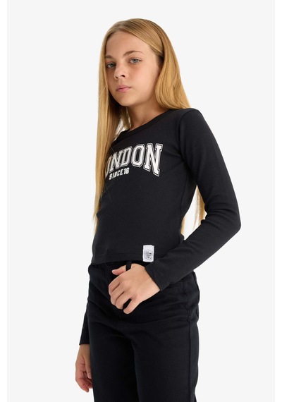 Defacto Kız Çocuk Slim Fit Dar Kesim Bisiklet Yaka Baskılı Fitilli Kaşkorse Uzun Kollu Tişört C7465a825aubk81 Siyah