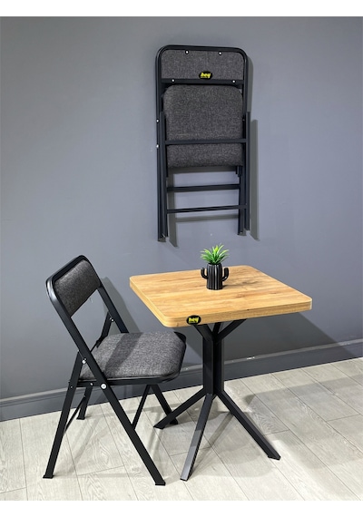 Mercan Ceviz 2 Kişilik Kare Mutfak Yemek Masası Takımı 2+1 Keten Gri 60 Cm Cevizgri 2'li