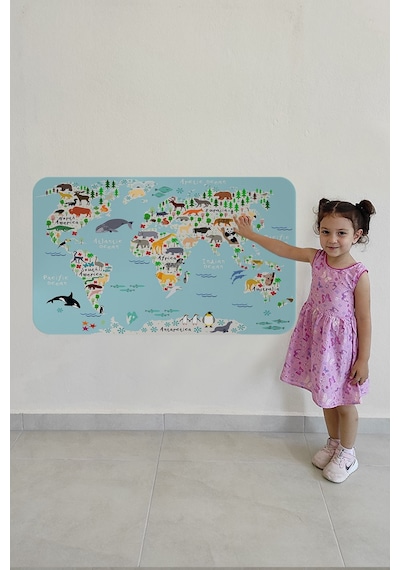 Eğitici Dünya Haritası Dünya Atlası Çocuk Ve Bebek Odası Duvar Sticker-60x105-3771 Çok Renkli