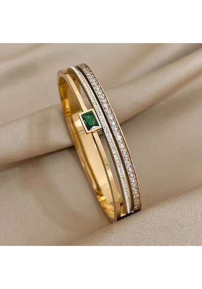 Zümrüt Gold Crystal Zirkon Taşlı Kelepçe Bileklik Gümüş - Altın