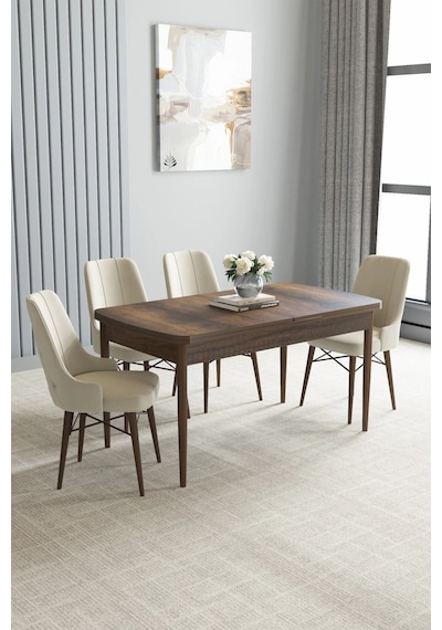 Zümra Serisi, Barok Ahşap Desen 80x132 Açılabilir Mdf Mutfak Masası Takımı 4 Adet Sandalye, Krem Zümra Serisi, Barok Ahşap Desen 80x132 Açılabilir Mdf Mutfak Masası Takımı 4 Adet Sandalye, Krem