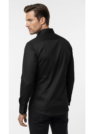 Erkek Klasik Gömlek Pamuklu Esnek Kumaş,slim Fit Uzun Kollu, Fransız Manşetli Plus Scorpion Siyah