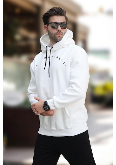 Madmext Ekru Kapüşonlu Cep Detaylı Nakışlı Erkek Sweatshirt 7054-ekru Ekru