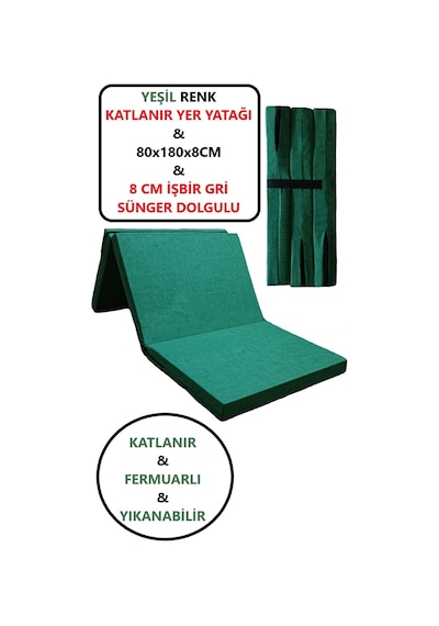 Lüks Katlanır Yatak 80x180x8 Cm Sünger Düz Yeşil
