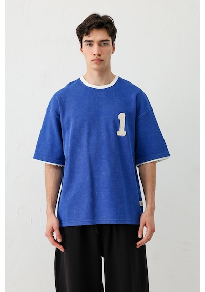 Vamos Oversize Baskılı Tişört V70-134 Saks