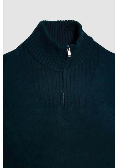 Tudors Erkek Slim Fit Dar Kesim Armürlü Fermuarlı Yeşil Dik Yaka Kazak-31397-yeşil Yeşil