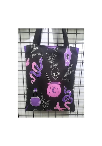 Owl Bag Gotik Cadı Kazanı Mor Desenli Tasarım Kumaş Omuz Çantası Siyah
