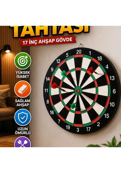 17 İnç Ahşap Dart Tahtası 4 Metal Uçlu Dart Oku Ve Duvar Askı Aparatı