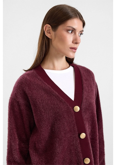 Olcay V Yaka Soft Kumaş Hırka Mürdüm 8295