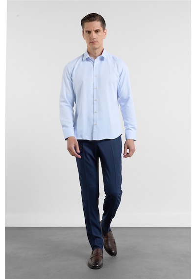 İmza Mavi - Beyaz Kendinden Desenli Sert Yaka Uzun Kol Cepsiz Slim Fit Pamuklu Gömlek 1004255214