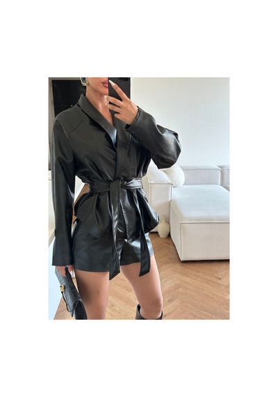 Meecy Kadın Zr Model Şal Yaka Bağlamalı Deri Ceket Siyah Siyah